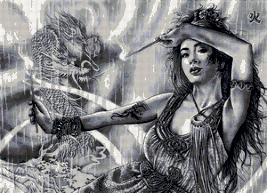 девушка - воин, образ, воительница, женщина, восток, черно-белое, девушки - предпросмотр