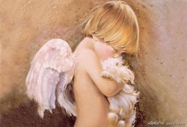 ангелочек с кроликом - пасха, ангел, картина, дети - оригинал