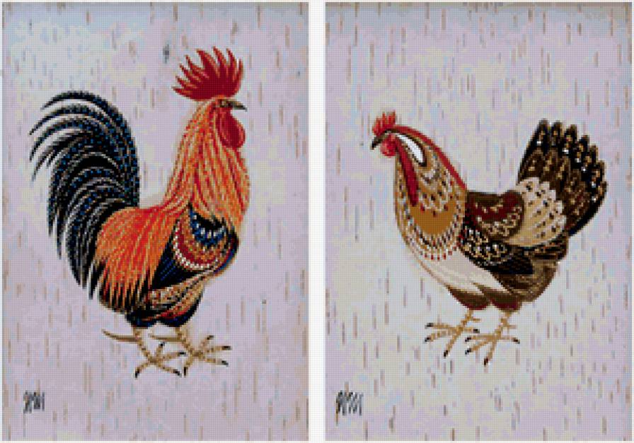 ДИПТИХ   "Две мелодии" - диптих, курица, домашние птицы, петух - предпросмотр