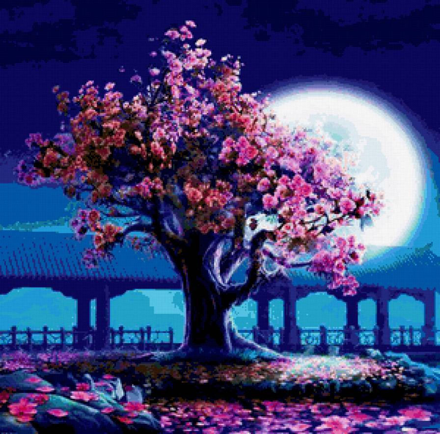 77887 - япония, пейзаж, дерево, луна, сакура, ночь - предпросмотр