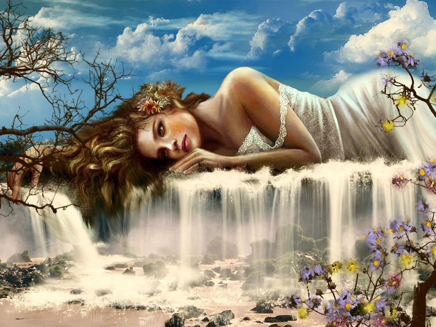 девушка водопад - водопад, девушка - оригинал