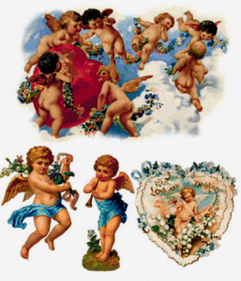 Винтажные ангелы и купидоны - любовь, ангелы, валентинки, сердечки, купидоны, валентинка - предпросмотр