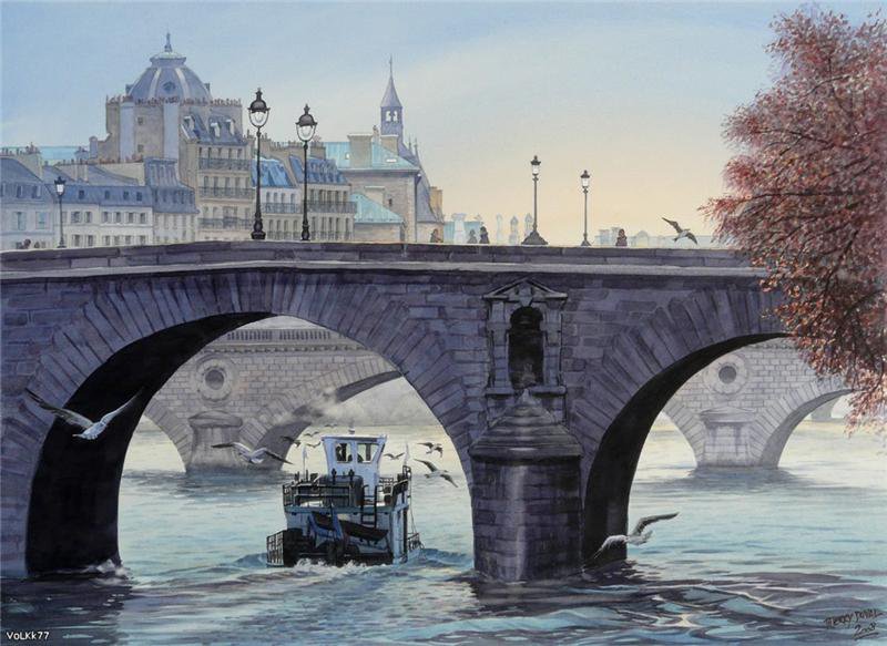 Thierry Duval - фонарь, город, лодка, дом, река, мост - оригинал