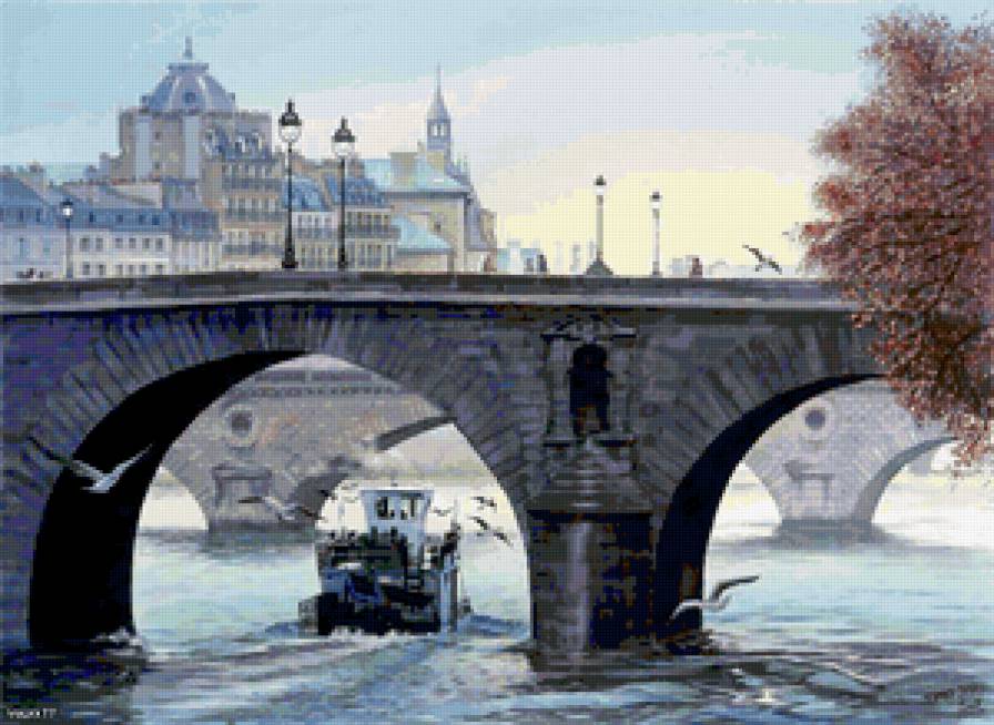 Thierry Duval - город, фонарь, дом, река, лодка, мост - предпросмотр