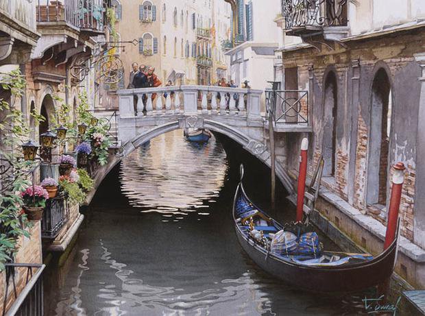 Thierry Duval - лодка, люди, мост, город, венеция, дом, река - оригинал
