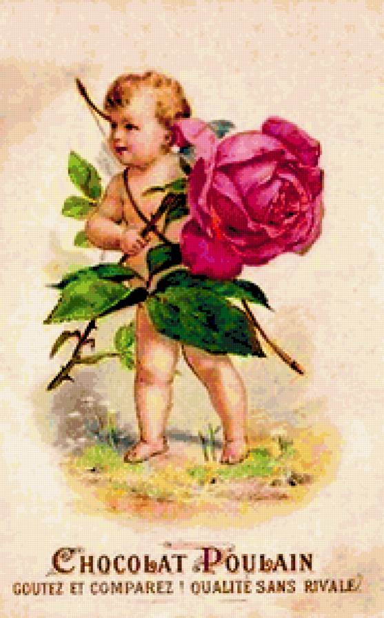 Ангелочек с розочкой - херувим, винтаж, цветы, ангелочки, ангелочек, роза, купидон, ангел - предпросмотр