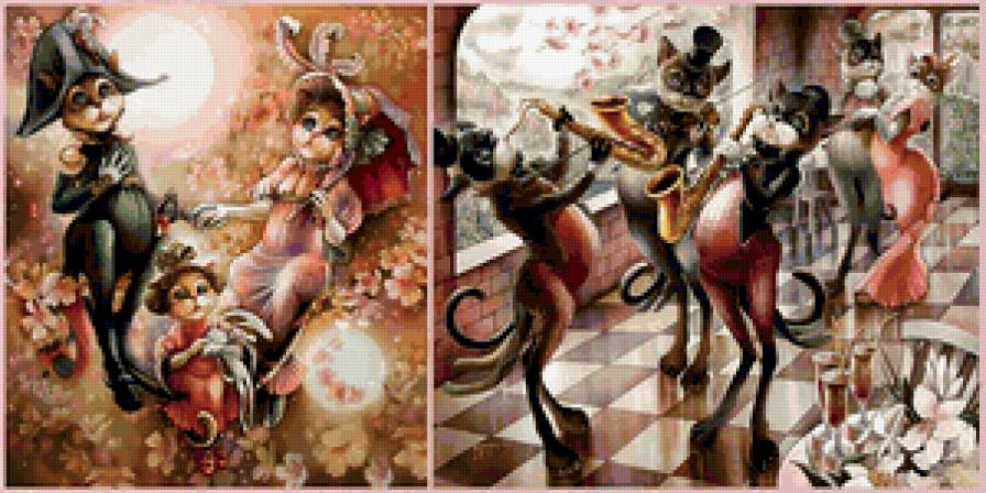 ДИПТИХ   "Две мелодии" - кошки, игра, диптих, музыканты. мечты - предпросмотр