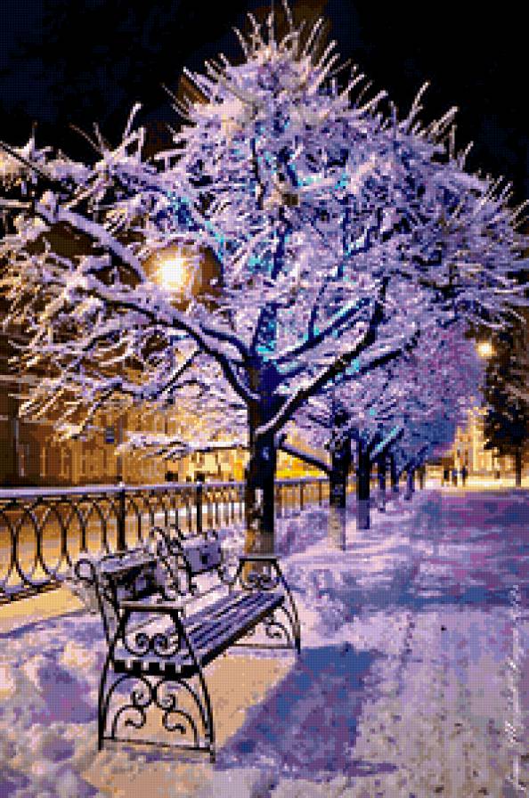 зимний вечер - тишина, пейзаж, город, скамья, снег, вечер, зима - предпросмотр