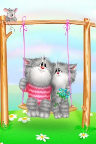 Котики на качелях - кошки, картины - оригинал