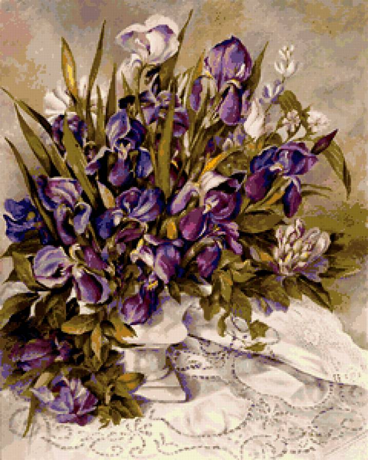 Букет ирисов - цветы, натюрморт, картина, букет - предпросмотр