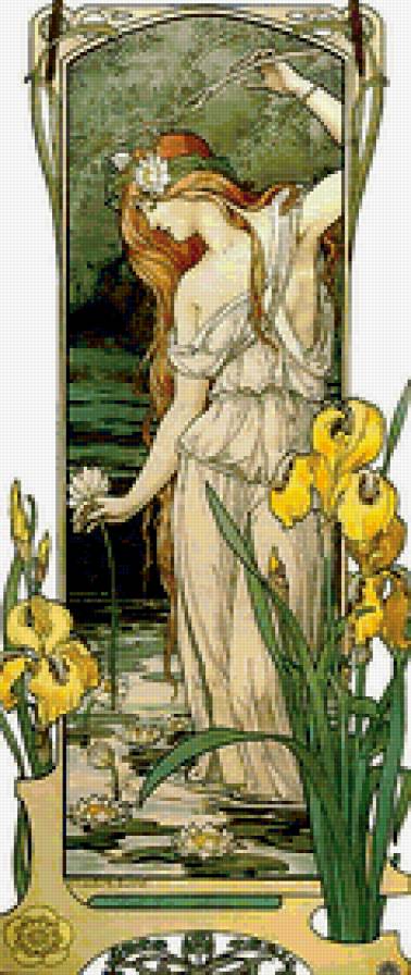 девушка на пруду - цветы, девушка, живопись, картина, природа - предпросмотр