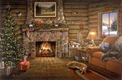 Рождественская ночь - собака, камин, дом, праздники, елка, уголок, рождество - оригинал