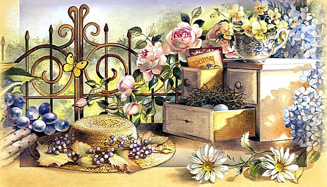 Воспоминание о лете - сад, шляпа, дача, лето, цветы - оригинал