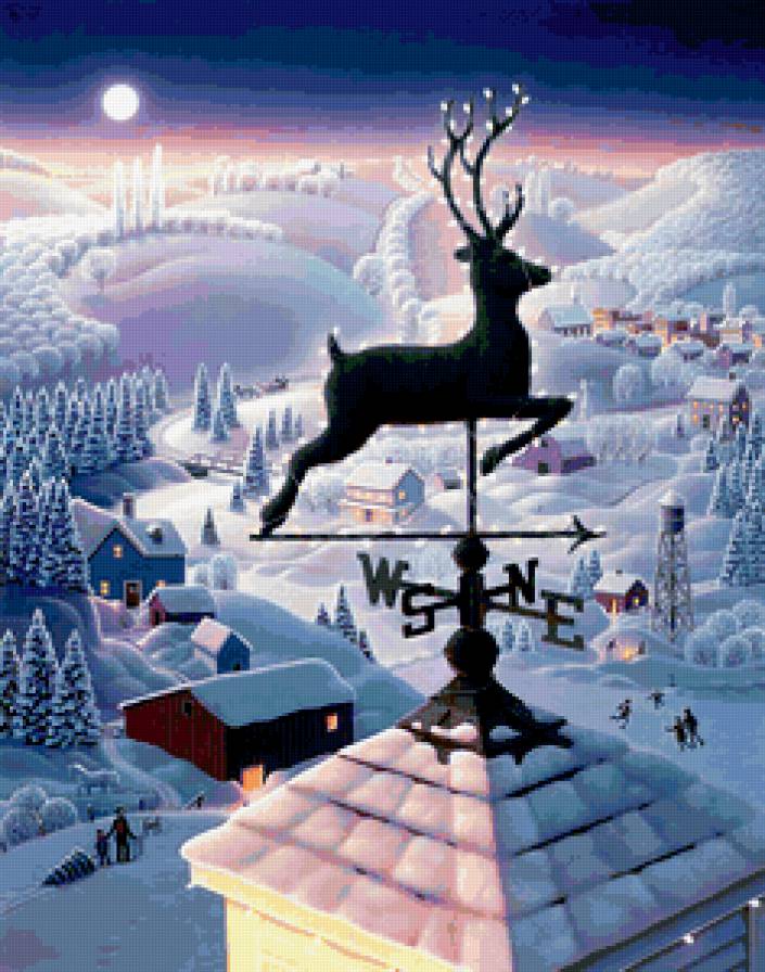 Рождественская ночь - олень, полет, флюгер, зима, пейзаж, город, стороны горизонта - предпросмотр