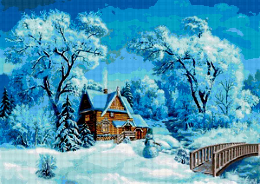 Зимний пейзаж - снег, снеговик, домик, зимний пейзаж, мост, лес, зима - предпросмотр