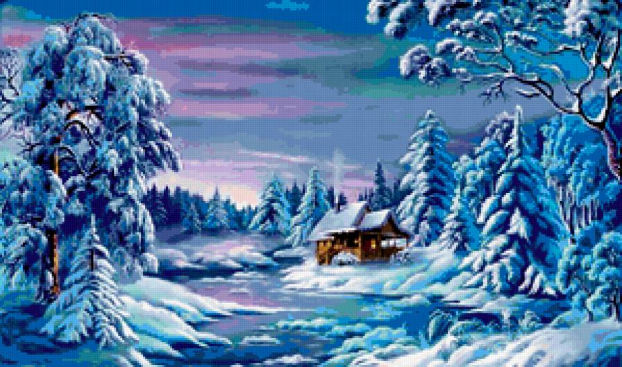 Зимний пейзаж - зимняя ночь, времена года, зима, лес, домик, снег, зимний пейзаж - предпросмотр