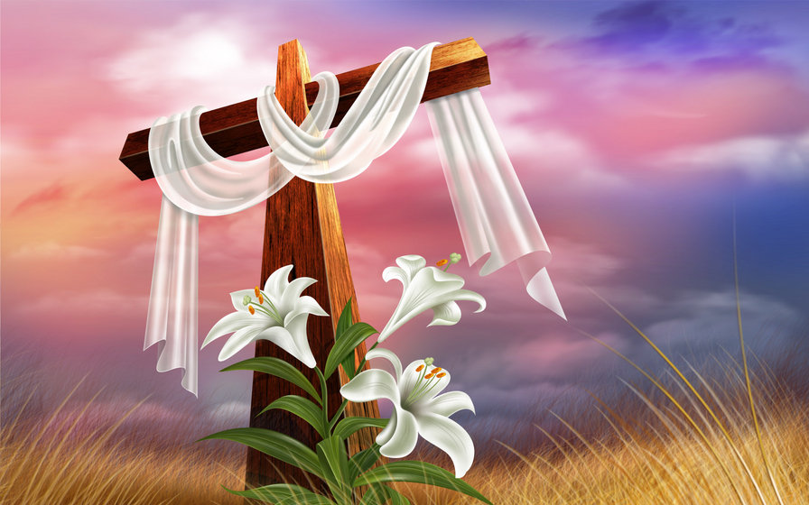ПАСХА - небо, цветы, праздники, лилии, пасха, крест, композиция - оригинал