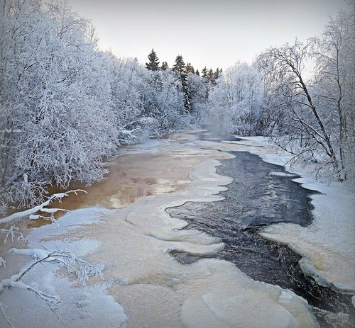 зима - река, пейзаж, полынья, снег, лед, зима - оригинал