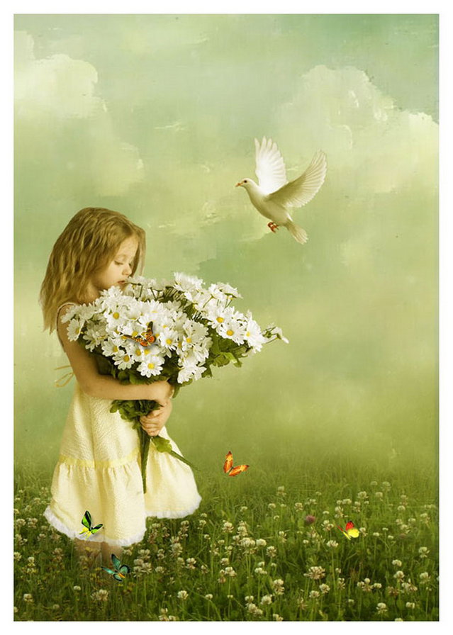 ребёнок - голубь, девочка, ребенок, цветы, бабочка, природа - оригинал
