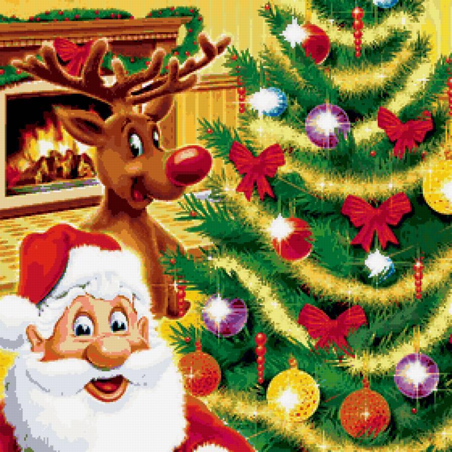 олень и санта - дед мороз, елка, зверята, подушка, новый год, сказка - предпросмотр