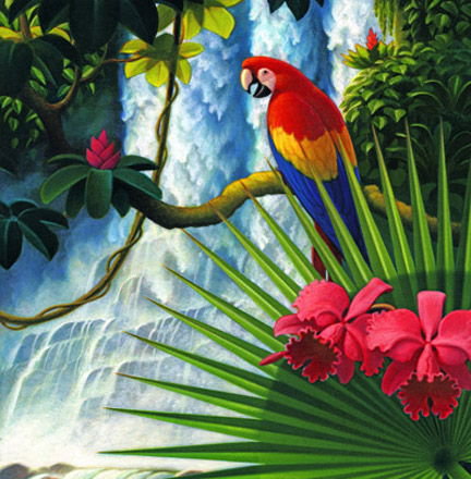 попугайчик - попугайчики, экзотика, птицы, водопад, попугай, природа, тропики - оригинал