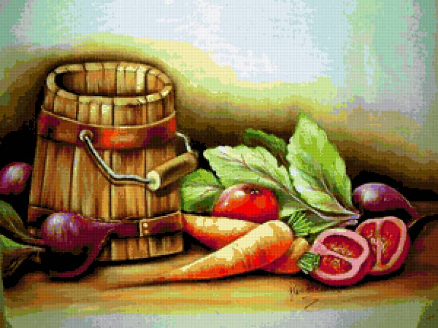 Натюрморт с овощами - редис, морковь, помидоры, для кухни, натюрморт, овощи - предпросмотр