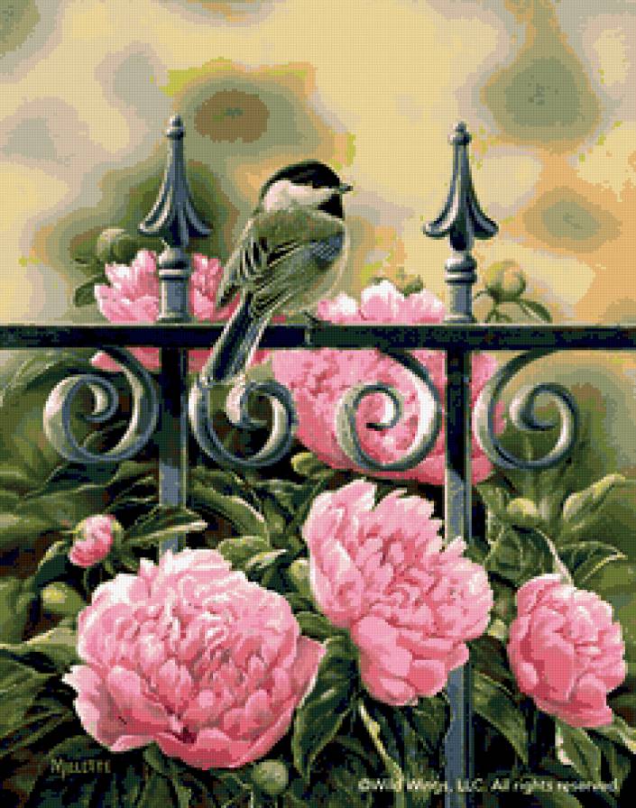 №217200 - птица, цветы, картина, пионы - предпросмотр