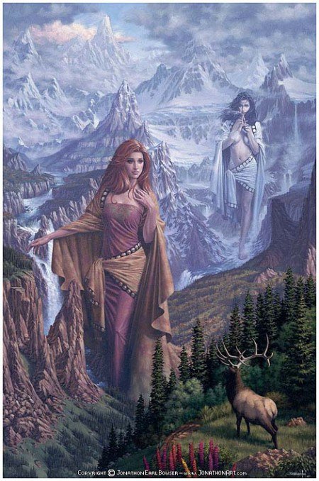 Джонатан  Эрла Баузера - диптих, современные художники, женщина, двойник, олень, горы - оригинал