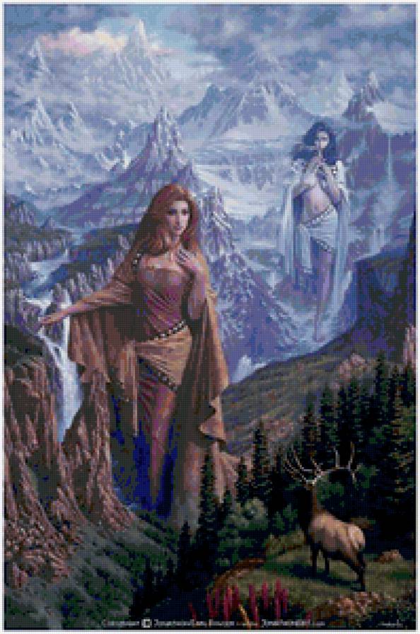 Джонатан  Эрла Баузера - современные художники, горы, женщина, диптих, олень, двойник - предпросмотр