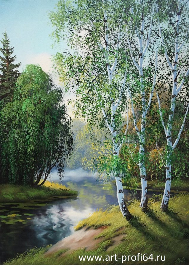 туман над рекой - лето, природа, река, вода, березы, утро - оригинал