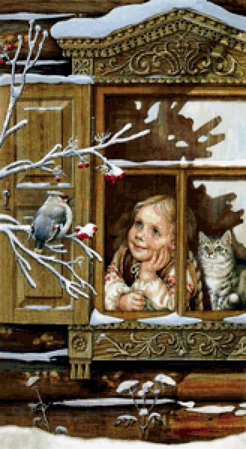 ДЕТИ - зима, окно, девочка, птичка, времена года, дети - предпросмотр