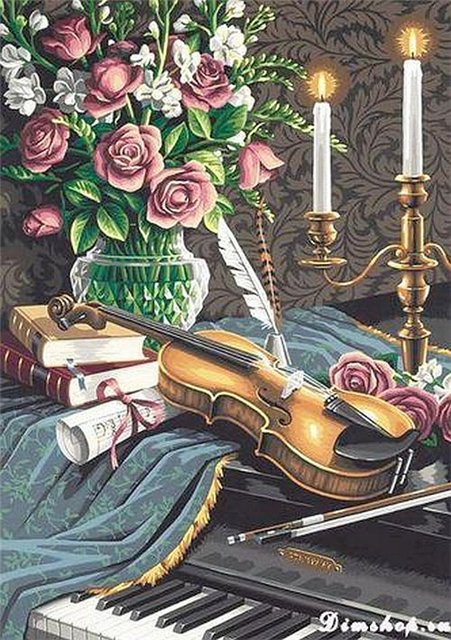 №217651 - картина, скрипка, свечи, цветы, натюрморт - оригинал
