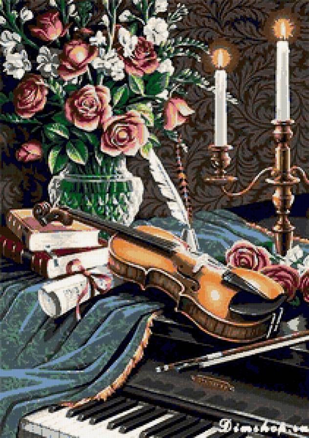 №217651 - натюрморт, скрипка, картина, цветы, свечи - предпросмотр