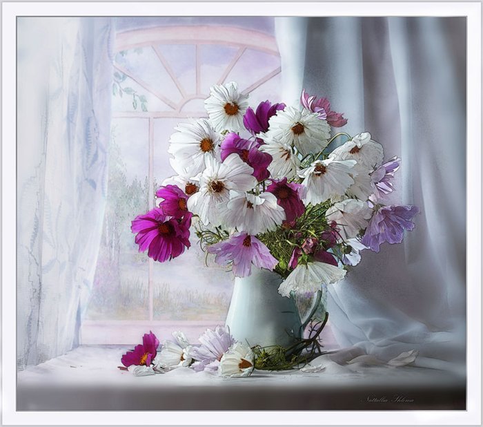 Букет на окне - цветы, ваза - оригинал