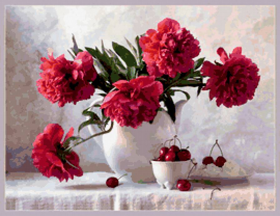 Пионы - ваза, цветы, вишня, букет - предпросмотр