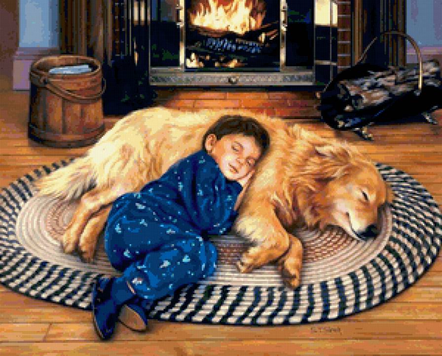 ДЕТИ - собака, теплый уголок, сон, дом, друзья, камин, мальчик - предпросмотр