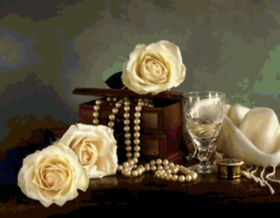 РОЗЫ - жемчуг, белые розы, шарфик, романтика, бокал, цветочный уголок - предпросмотр