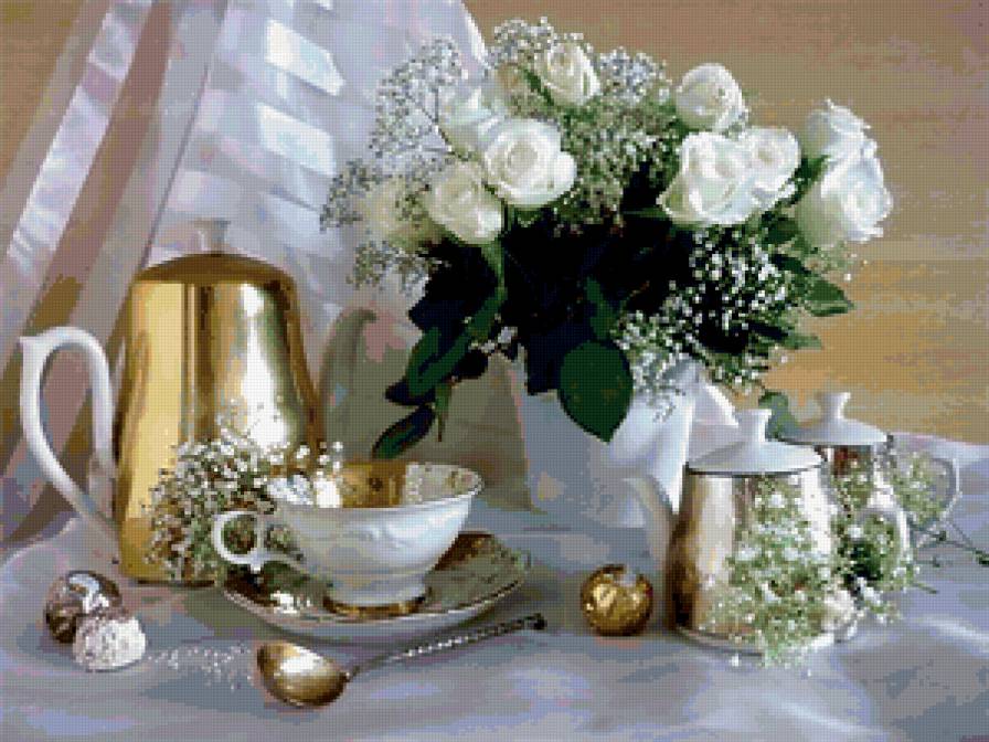 РОЗЫ - чаепитье, цветы, белые розы, чашки, букет, чайник - предпросмотр