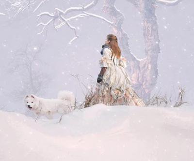 прогулка - прогулка, собака, зима, девушка - оригинал