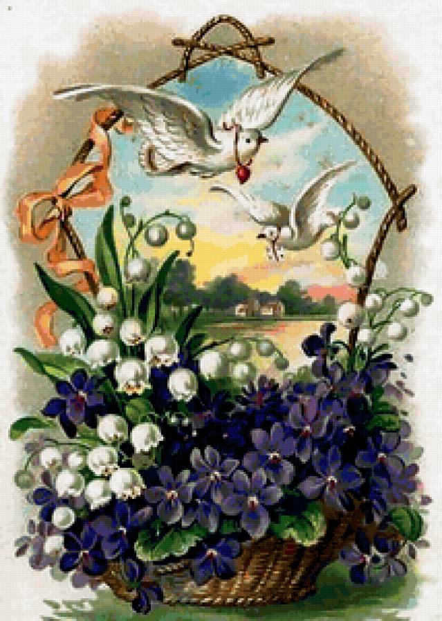 №219586 - цветы, фиалки, корзина, букет, птицы - предпросмотр
