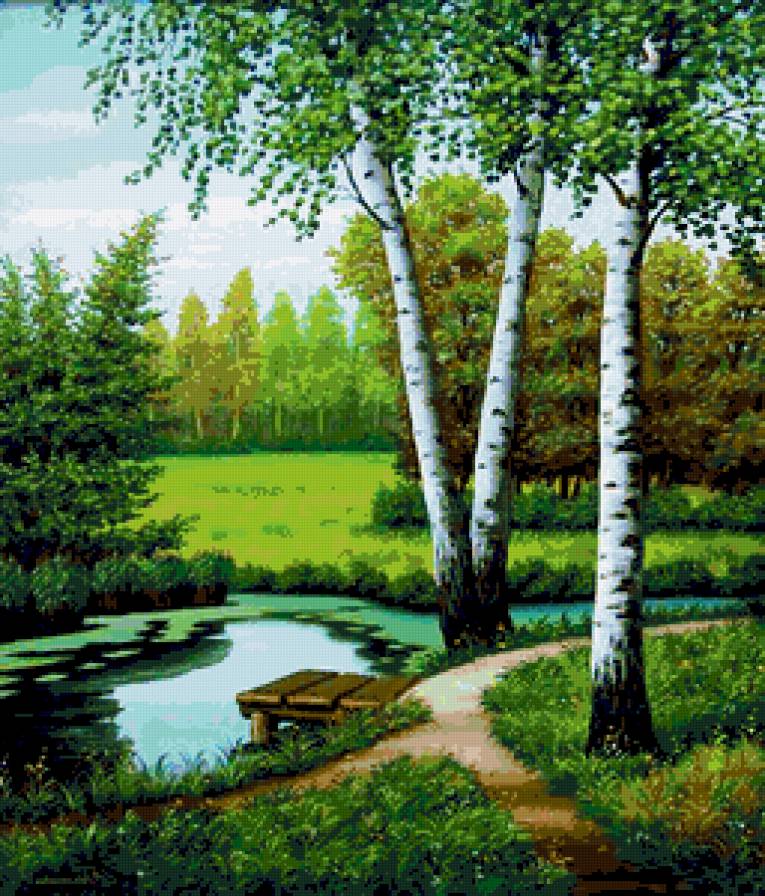 Край березовый - река, береза, березы, пейзаж, лес, картина, живопись, природа, березки - предпросмотр
