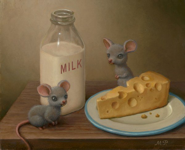 Сытный завтрак - мышь, молоко, картина, прикол, завтрак, животные, сыр, мыши, юмор - оригинал