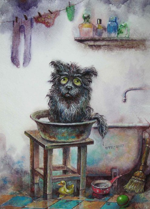 Банный день - ванна, собака, прикол, животные, юмор, картина - оригинал