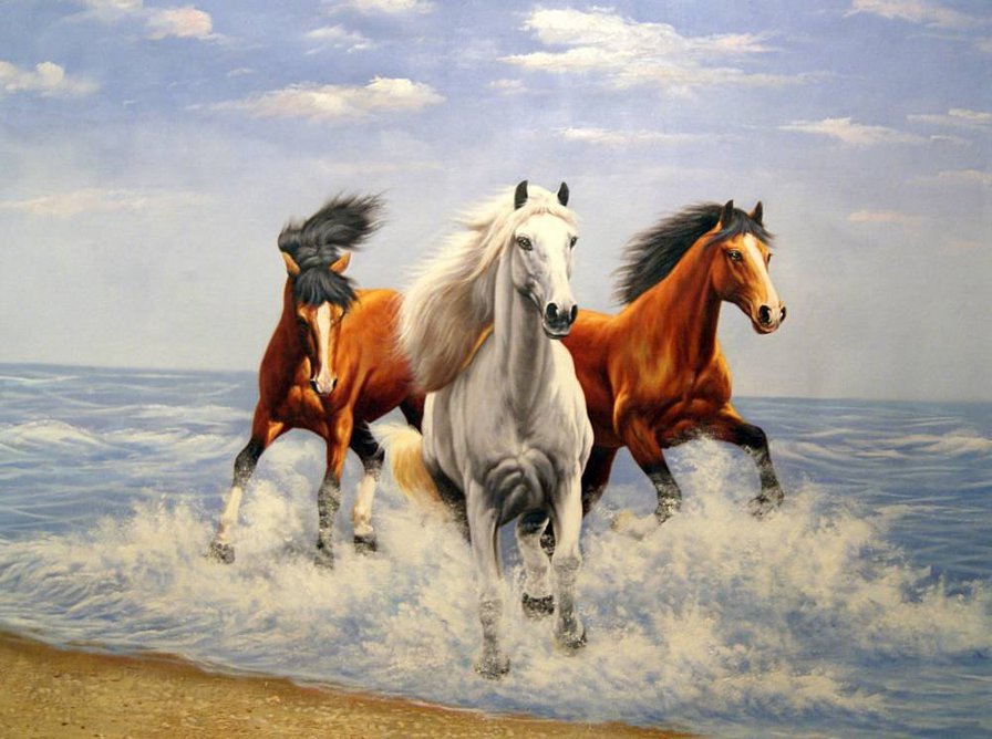тройка - море, вода, картина, природа, лошади, пейзаж - оригинал