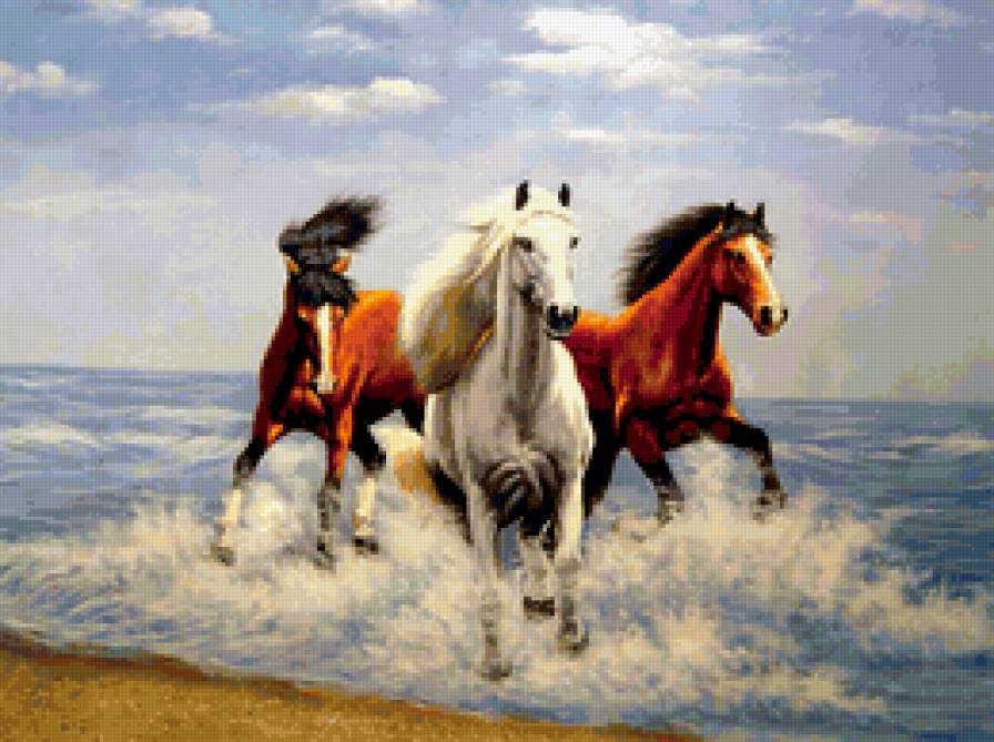тройка - лошади, картина, пейзаж, природа, море, вода - предпросмотр