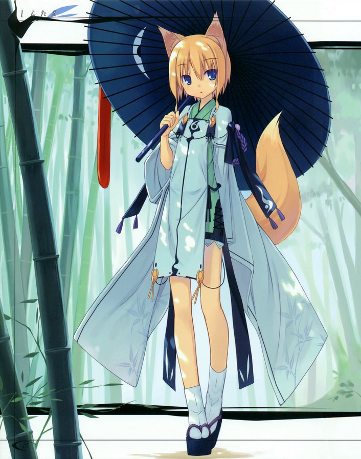 Кицунэ - зонтик, лиса, аниме, девушка, кицунэ - оригинал