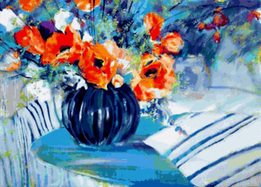 Букет красных цветов на голубой драпировке - цветы - предпросмотр