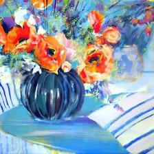 Схема вышивки «Букет красных цветов на голубой драпировке»