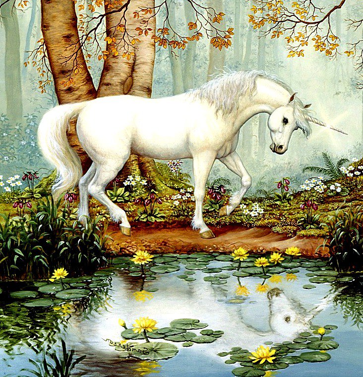 Отражение - единорог, озеро, лес - оригинал