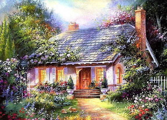 Дом родной - цветы, уютный уголок, лес, домик - оригинал